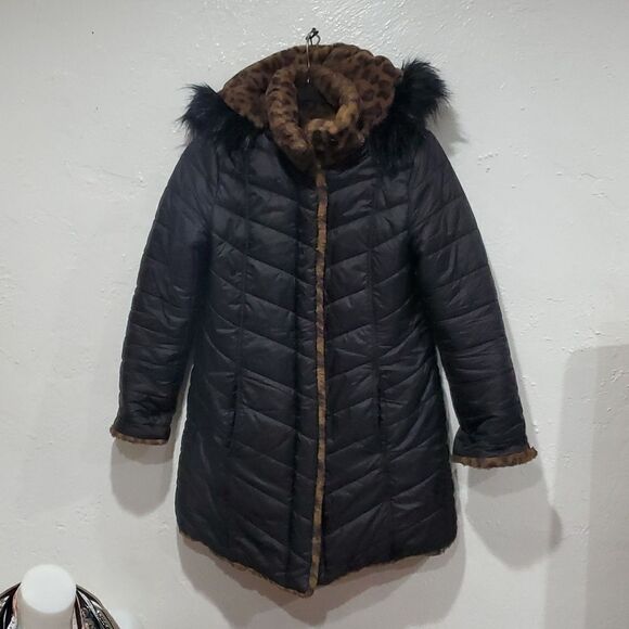 Reversible Dennis Basso Coat - Black Puffer & Faux Fur Leapord Print Size XXS - Picture 4 of 16